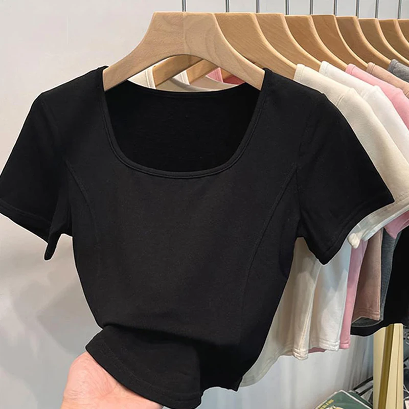 Женская Асимметричная футболка однотонный облегающий топ с квадратным вырезом и