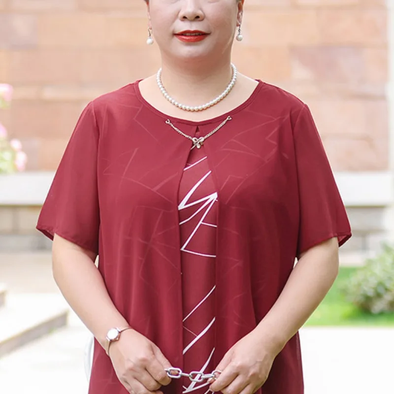 Женская шифоновая рубашка с коротким рукавом и круглым вырезом свободного