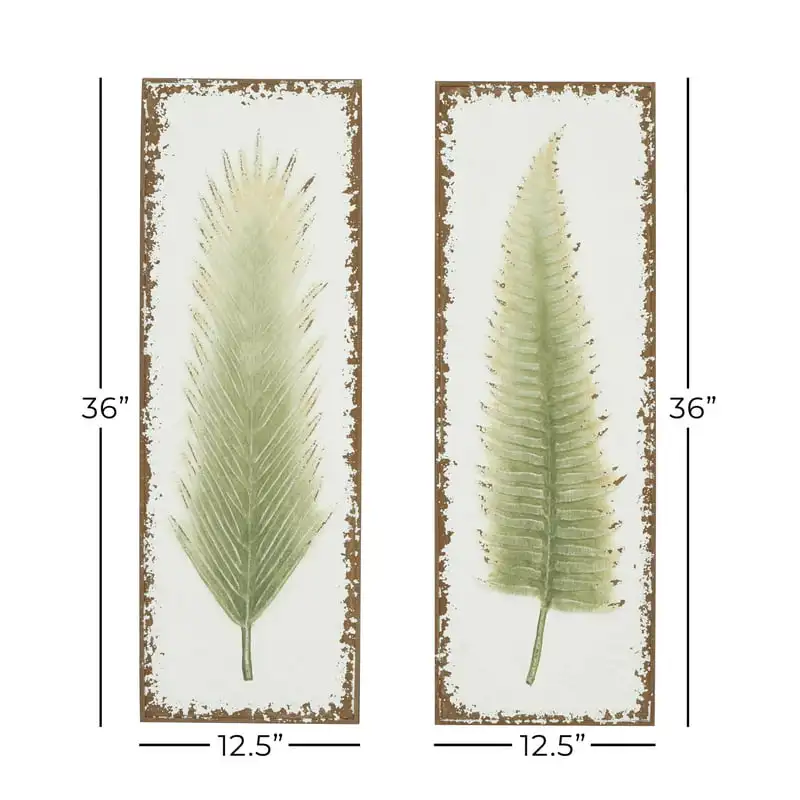 

Contemporary Metal Leaf Wall Décor, Set of 2 13"W x 36"H with Rustic White Living Room Interior Home Decoration