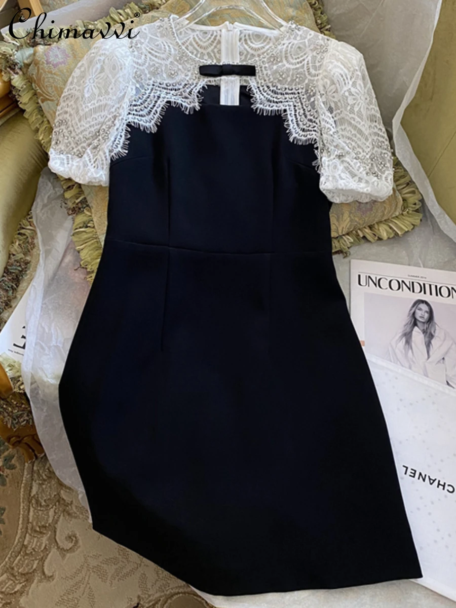 

2022 Summer Dresses New Heavy Design Lace Dress for Women Fashion Elegant Lady High Waist Slimming Feminine Short Sleeve Dress