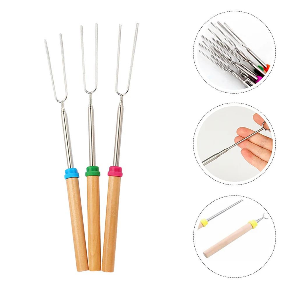 

3 вилки для барбекю из нержавеющей стали с выдвижной деревянной ручкой (случайный цвет)