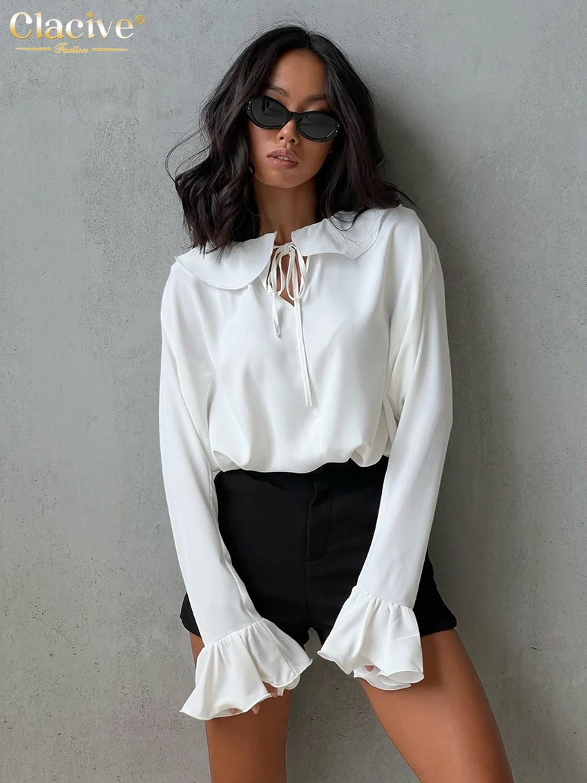 

Модные женские блузки Clacive 2022 осень кукольный воротник с рукавом-фонариком офисные женские рубашки элегантные свободные белые блузки женск...