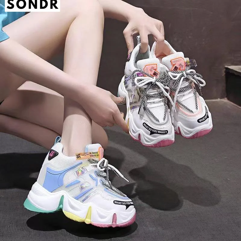 

Туфли женские с сетчатым лицом, радужная обувь на толстой подошве, Короткие кроссовки, высокие, весна-лето 2022