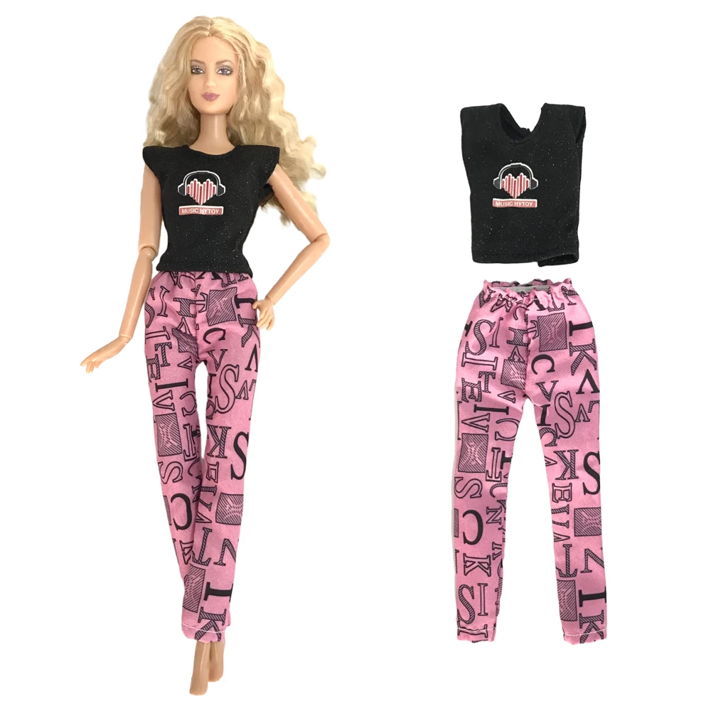 

NK Official Fashion Outfits Black Vest Cool Pattern Trousers Daily Wear Clothing Summer Clothes for Barbie Doll Girl Gift