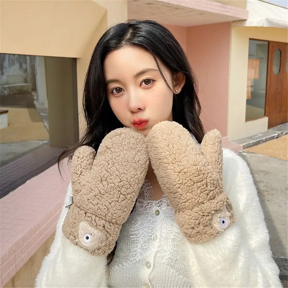 

Women Girls Outdoor Solid Color Winter Warm Glove With Ropes Riding Mittens Soft Plush Fingerless Gloves