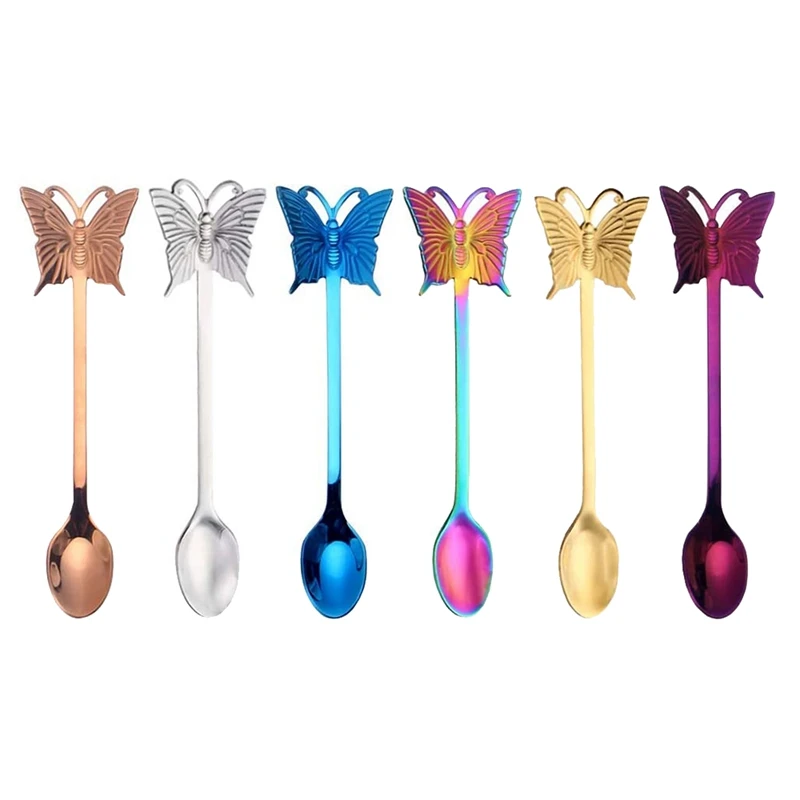 

6-Pack Coffee Spoons Rainbow Colorful Teaspoon Dessert Espresso Stainless Steel Stirring Spoon(Butterfly)