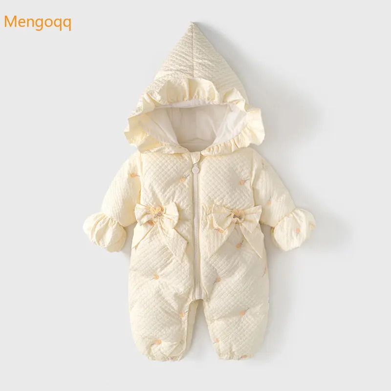 

Mengoqq Infant Girl Princess Autumn Winter Hooded Full-sleeve Thickened Bow Solid Color Zipper Warm Casual Children Romper 0-24M