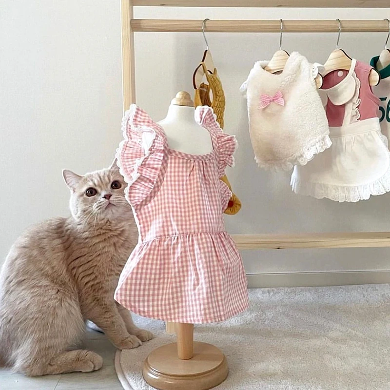 Симпатичные Подтяжки в клетку для собак летняя кружевная юбка плюшевой шерсти