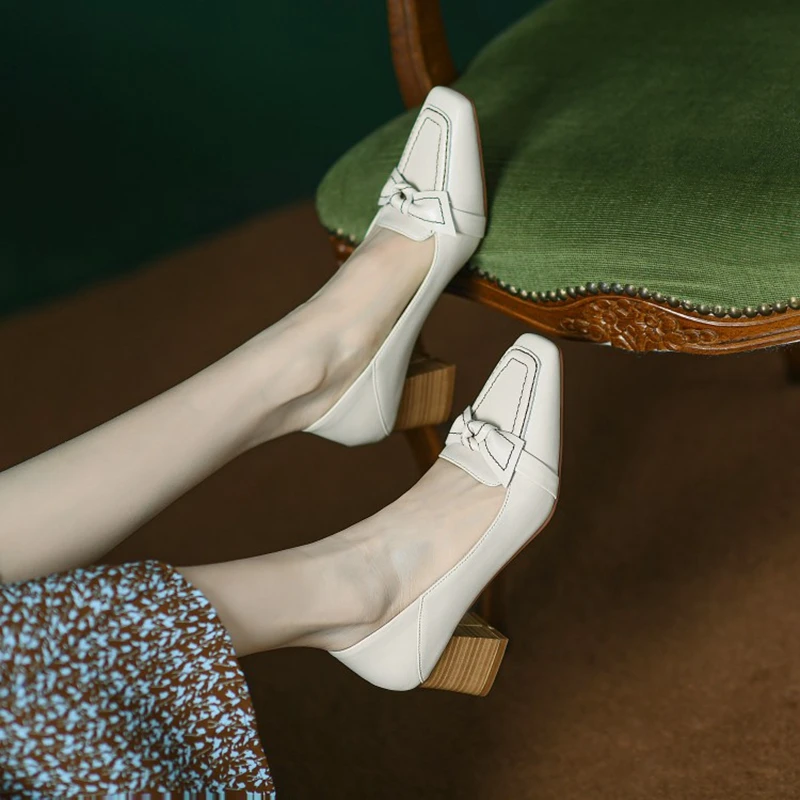 

Женские туфли из натуральной кожи, коричневые туфли-лодочки с квадратным носком на высоком массивном каблуке, обувь в стиле ретро, весна 2022