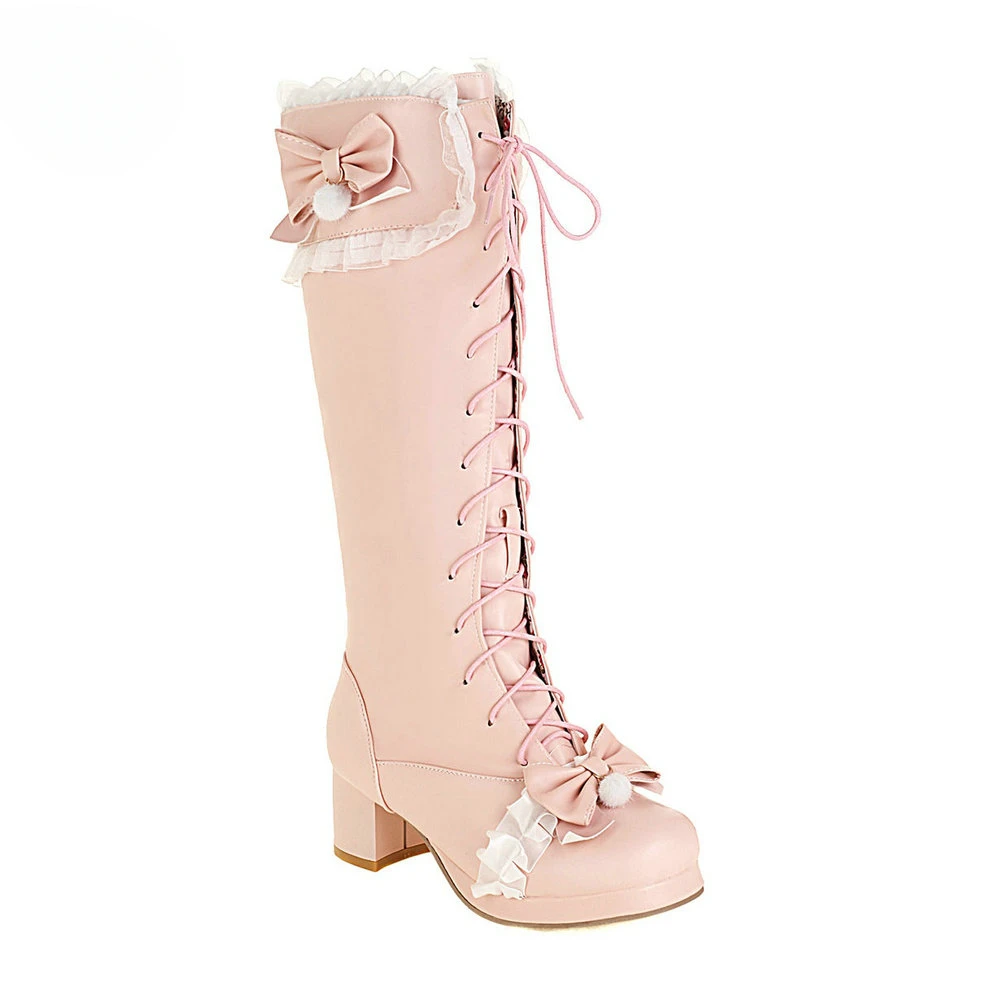

Модные свадебные ботинки принцессы в стиле "Лолита", ботинки на платформе с перекрестной шнуровкой и бантом, белые, розовые ботинки на среднем каблуке, женские ботинки с кружевной окантовкой и помпоном