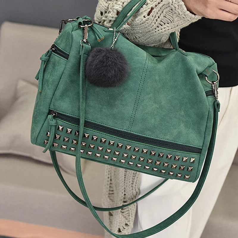 

Vintage Nubuck Leather Ladies Handbags Rivet Larger Women Bags Hair Ball Shoulder Bag Motorcycle Messenger Bag Top-Handle Bag