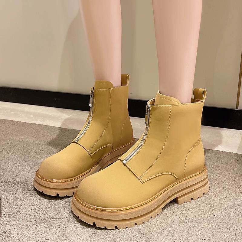 High Heel Nude Boots Ladies New British Women's Boots Retro Fashion Yellow Round Toe Front Zipper Thick Sole 2022