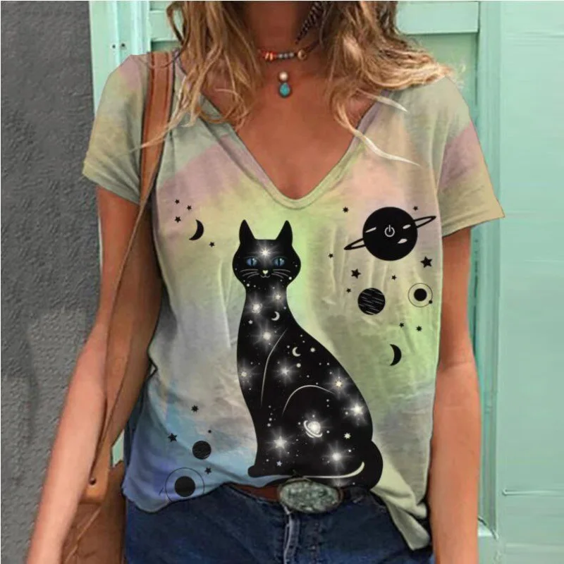 

Summer Women's V Neck Short Sleeve T Shirts Funny Cats 3D Printing Tops For Women Vintage Clothing Fashion Loose Female Tees 5XL