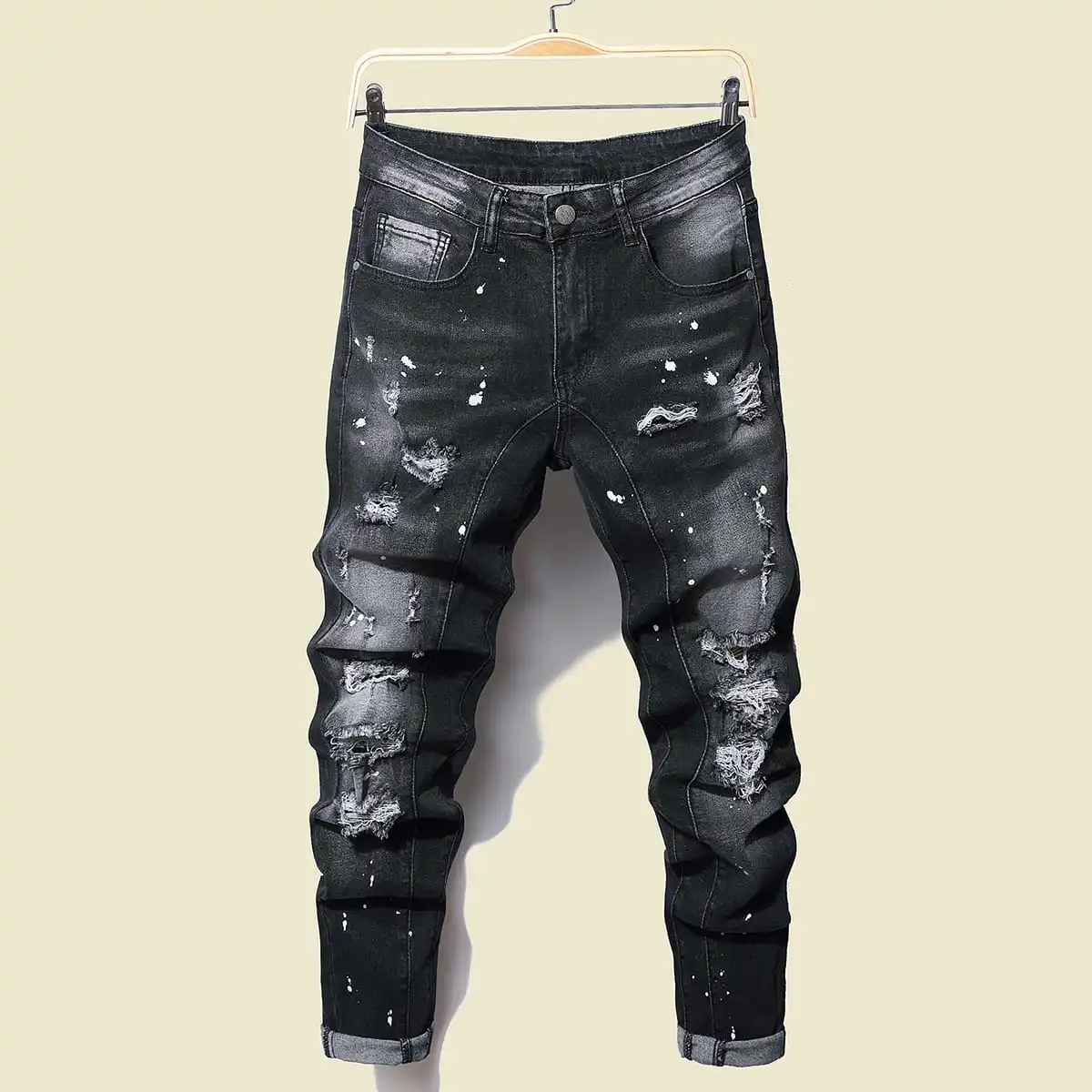 Black Skinny Denim Spot Jeans Male Ripped Stretch Fit Jeans 