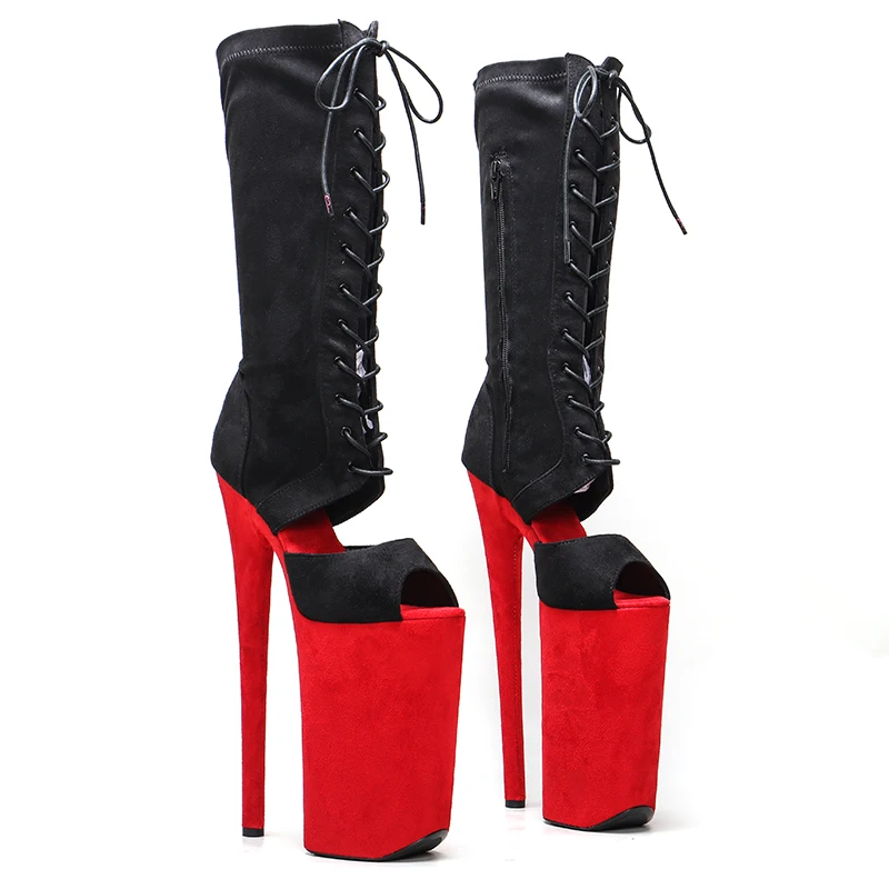 Leecabe  26CM/10inches black with red suede upper  sexy exotic High Heel platform party open toe  shoes Pole Dance boot