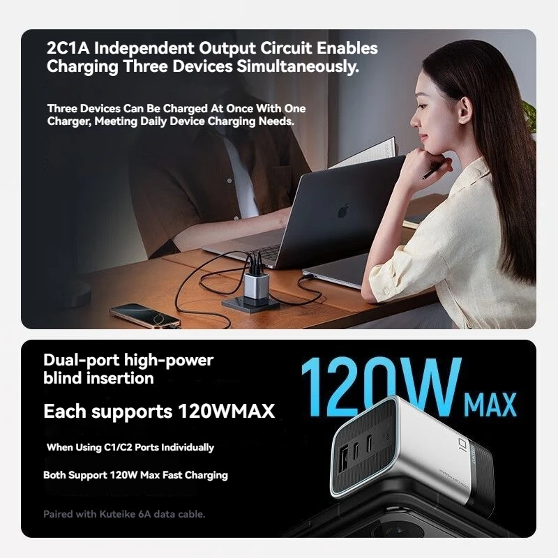 Фото Зарядное устройство CUKTECH No.10 Mini 120W GaN AD1203P 2C1A с быстрой зарядкой 100W PD, складной вилкой для MacBook, ноутбуков, iPhone, Samsung, для путешествий №2