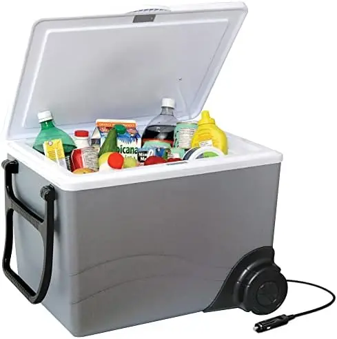 

Iceless 12V Cooler/Warmer 36 qt (34 L) w/Wheels, Portable Rolling Car Fridge w/ 12 Volt DC Power Cord, Gray/White, Travel Road