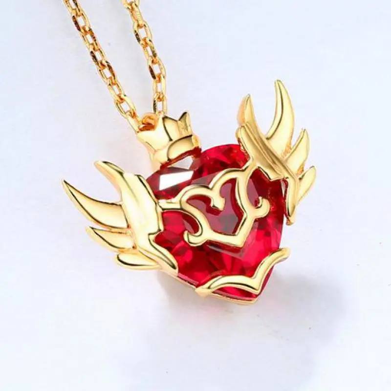 

Women Ruby Necklace S925 Sterling Silver 10k Gold Plated Faceted Ruby Angel Wings Heart Pendant Necklaces Girlfriend Mom Gifts