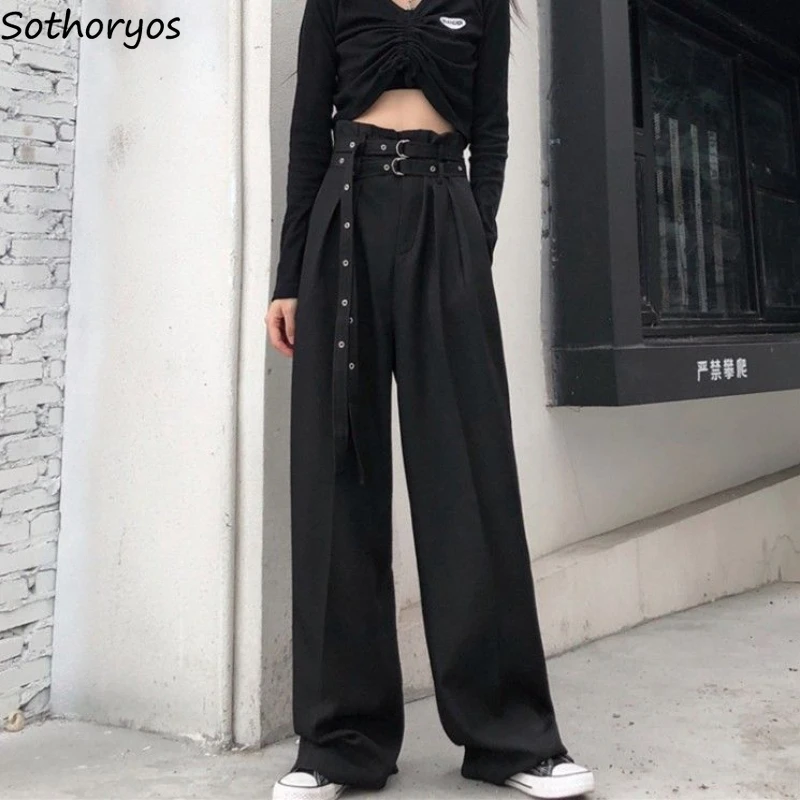 

Wide Leg Pants Women Simple Streetwear Stylish Baggy Autumn High Waist Sashes Hot Girls Korean Style All-match Trousers Pure Ins