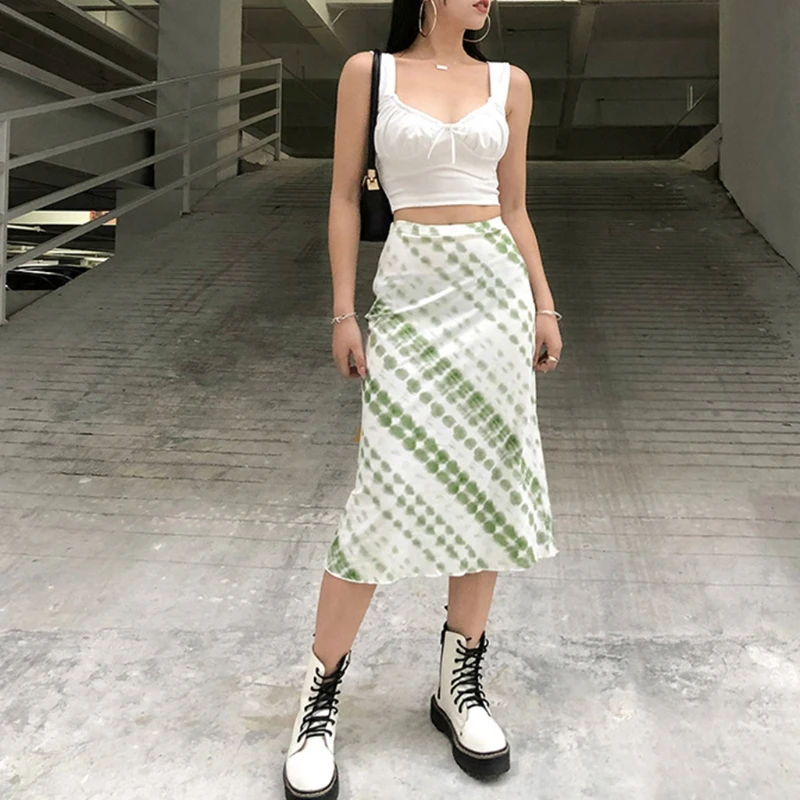 

Women Spring High Waist Harajuku Aesthetic Green Tie-Dye Dot Striped Printed Midi Skirt Package Hip Long Straight Streetwear