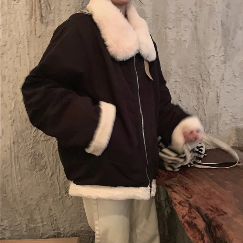 Vintage Lamb Wool Ladies Coat Loose Fashion Women's Long Sleeve Thermal Jacket Casual Winter Zipper Solid Outerwear 2022 New