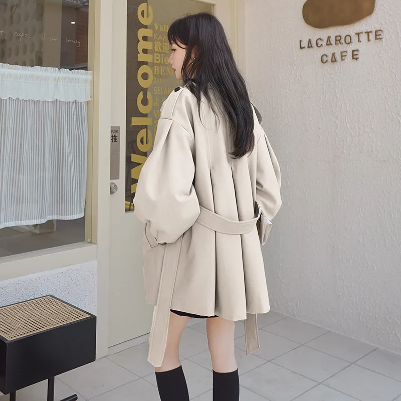 2022 Medium and Long Windbreaker Women's Small Spring and Autumn Loose Double-Breasted Lantern Sleeve Coffee Color Coat