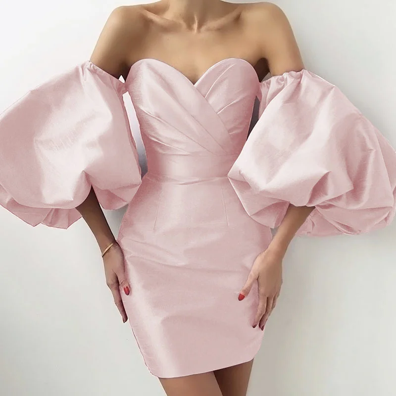 

Mid-length bubble sleeves, pink, Fall 2021, elegant, sexy, outside shoulder, satin, club, celebrity, party dress