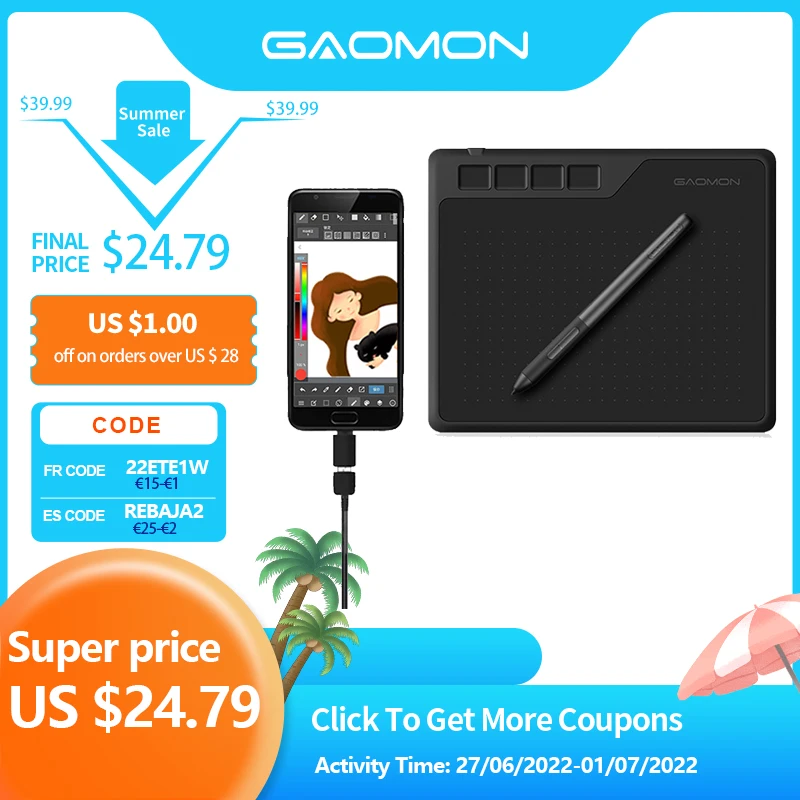 GAOMON S620 6.5 x 4'' Digital Graphic Tablet for Drawing Painting&Game OSU, 8192 Level Pen Tablet Support Android/Windows/Mac OS
