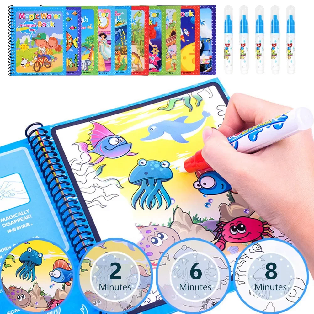 

10Types Magic Water Drawing Book Reusable Coloring Book With Pen Doodle Painting Board Montessori Toys For Kids Children Gift