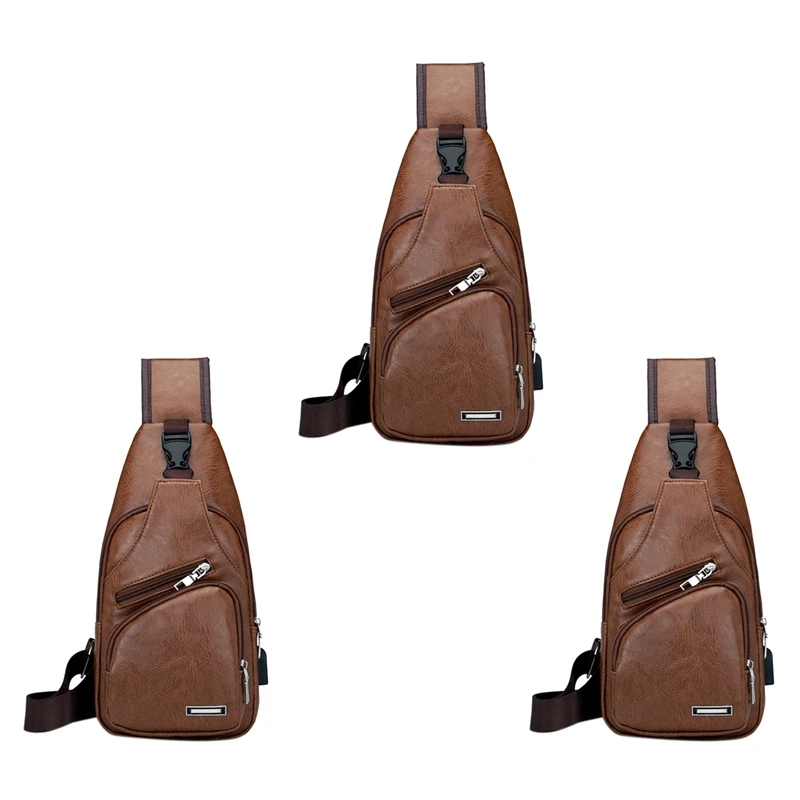 

3X Mini USB Interface Plenty Of Space Mens PU Leather Chest Bag Crossbody Bag Single Shoulder Bag Light Brown