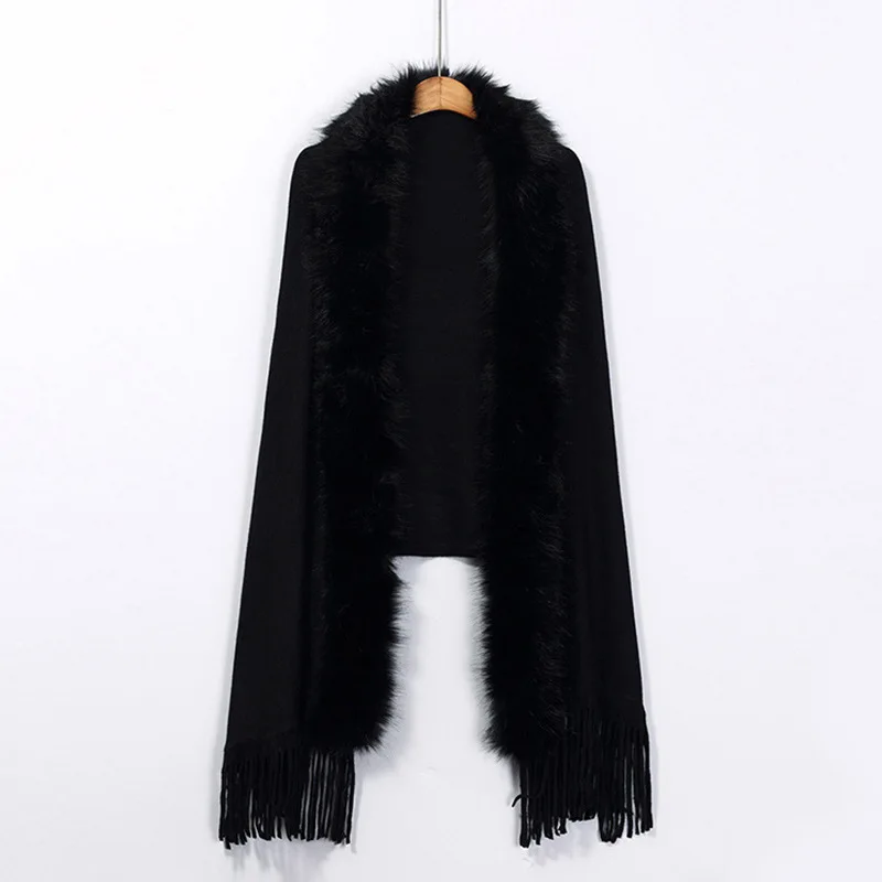 Autumn Winter Imitation Wool Collar Knitting Shawl Imitation Cardigan Shawl Poncho Fashionable Upscale Capes Black Cloaks