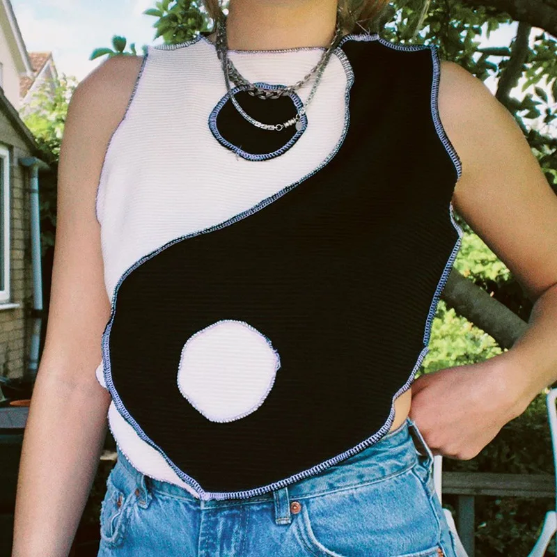 

Summer Y2k Top 2021 O-neck Sleeveless Patchwork Crop Top Women Sexy Fashion Cute Casual Knitted T Shirts Basic Tank Streetwear