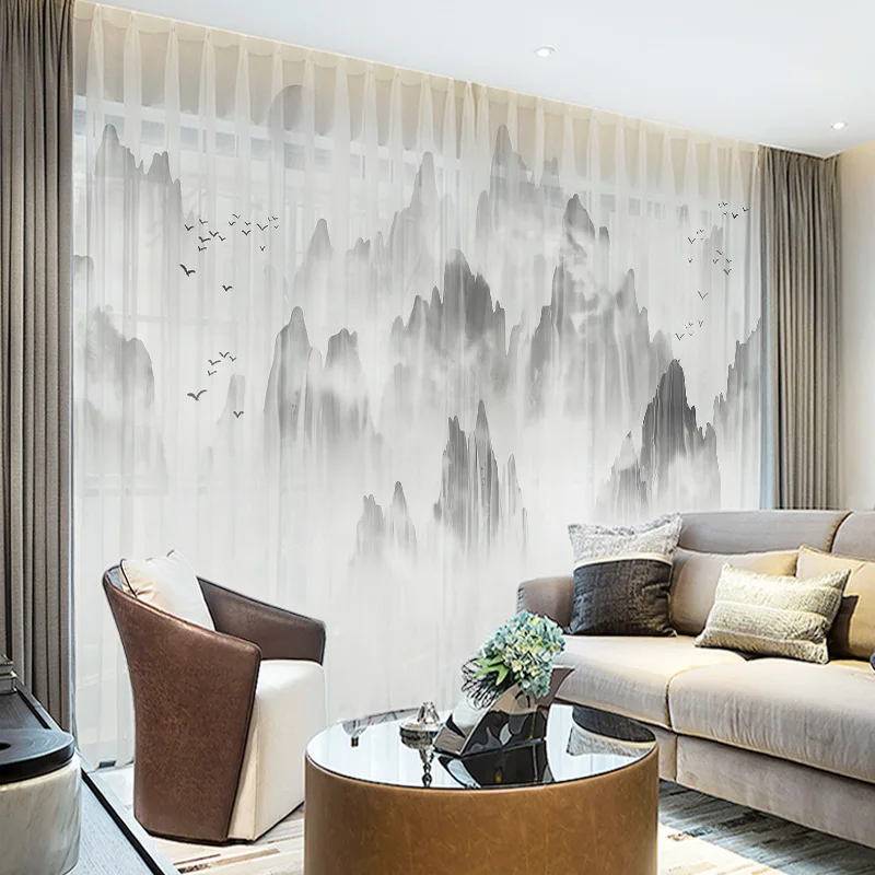 

Custom Chiffon Sheer Curtain Window Drape for Bedroom Living Room Mountain Hill Birds Landscape
