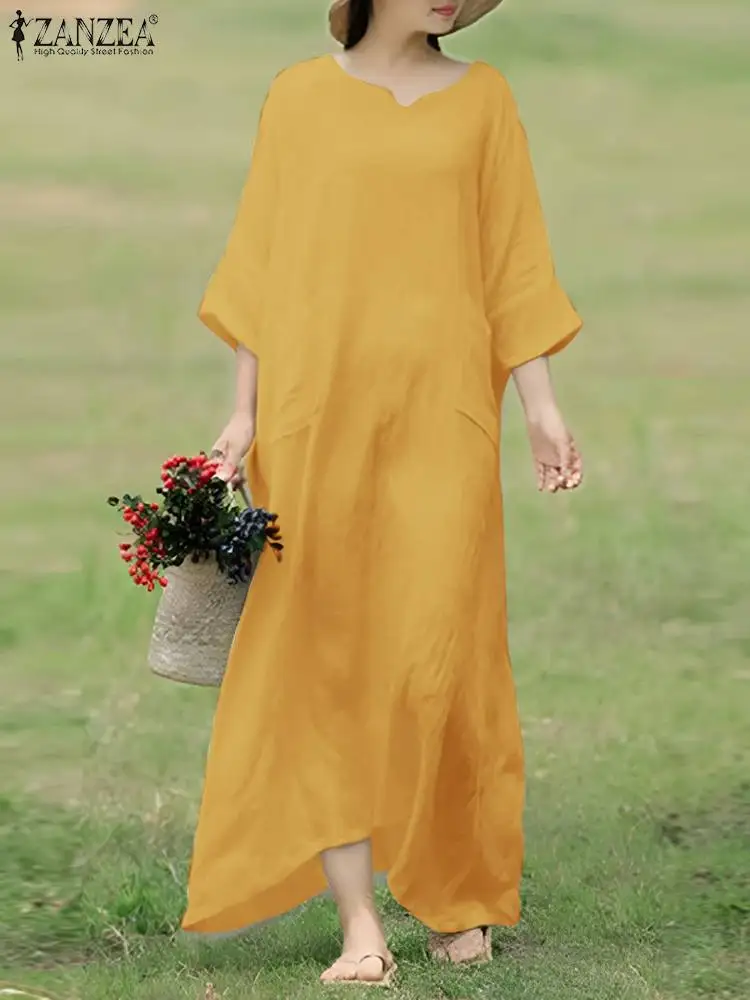 

Платье ZANZEA женское длинное хлопковое, модное однотонное повседневное элегантное белое платье-халата с рукавом 2023, в Корейском стиле, осень 3/4