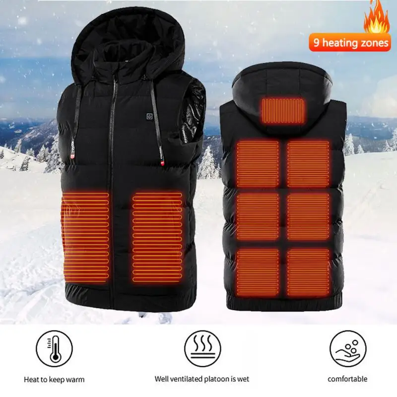 

New Electric Heated Hooded Vest 9 Areas Heated Jacket USB Rechargeable Electric Thermal Vest Outdoor Sports Camping Warm Pads