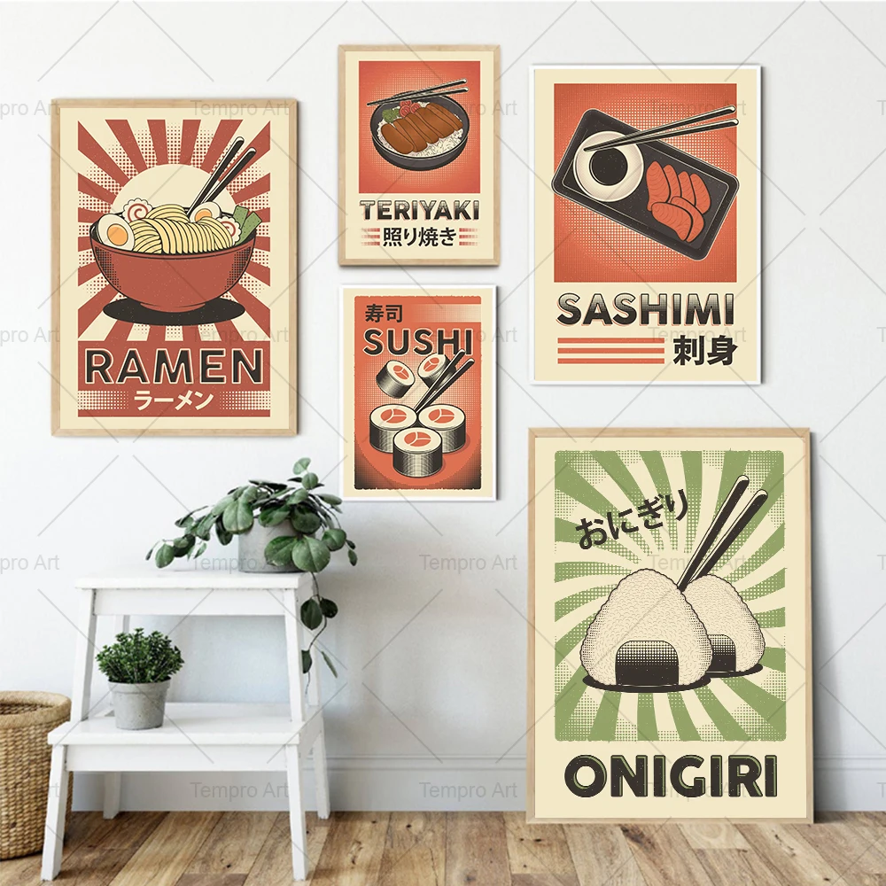 

Japanese Foods Posters Modern Kitchen Decor Sushi Teriyaki Ramen Sashimi Cartoon Canvas Painting Retro Wall Art Print Pictures