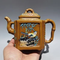 6 chinese yixing zisha pottery painted magpie tip of brow bamboo square kettle teapot flagon part mud gather fortune ornaments