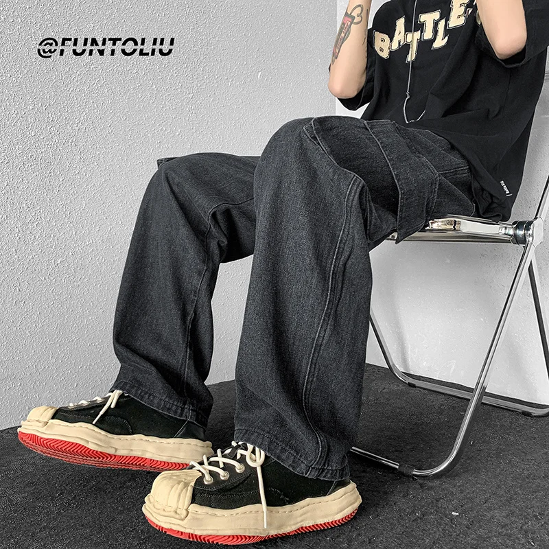 Blue/Black Baggy Jeans Men Fashion Oversized Pocket Cargo Jeans Men Streetwear Hip Hop Loose Straight Denim Pants Mens Trousers