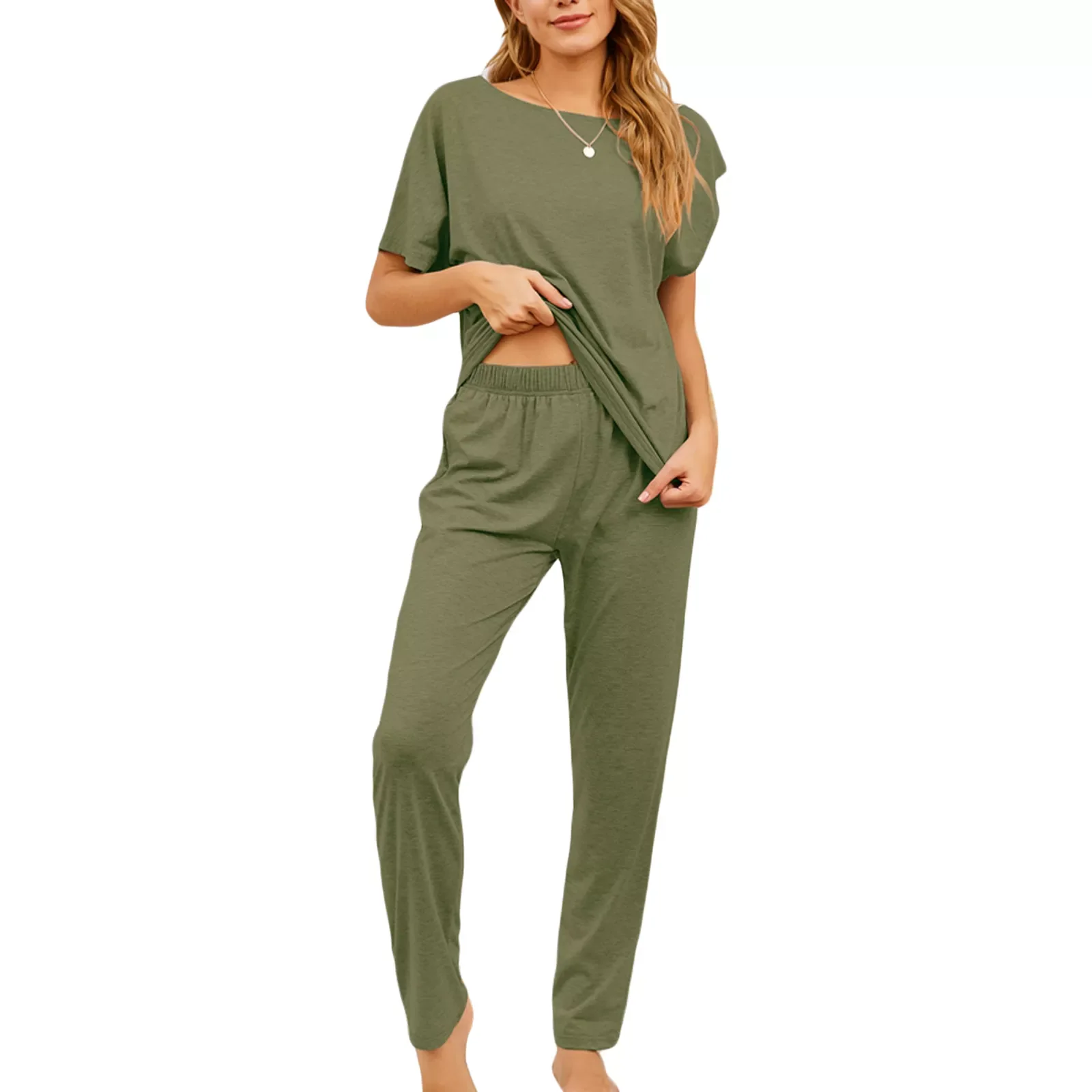 

Women's Summer Pajama Sets Plus Size Lounge Short Sleeve Tops Long Pants Home Wear Loose Boat Collar Sleepwear Casual Clothe