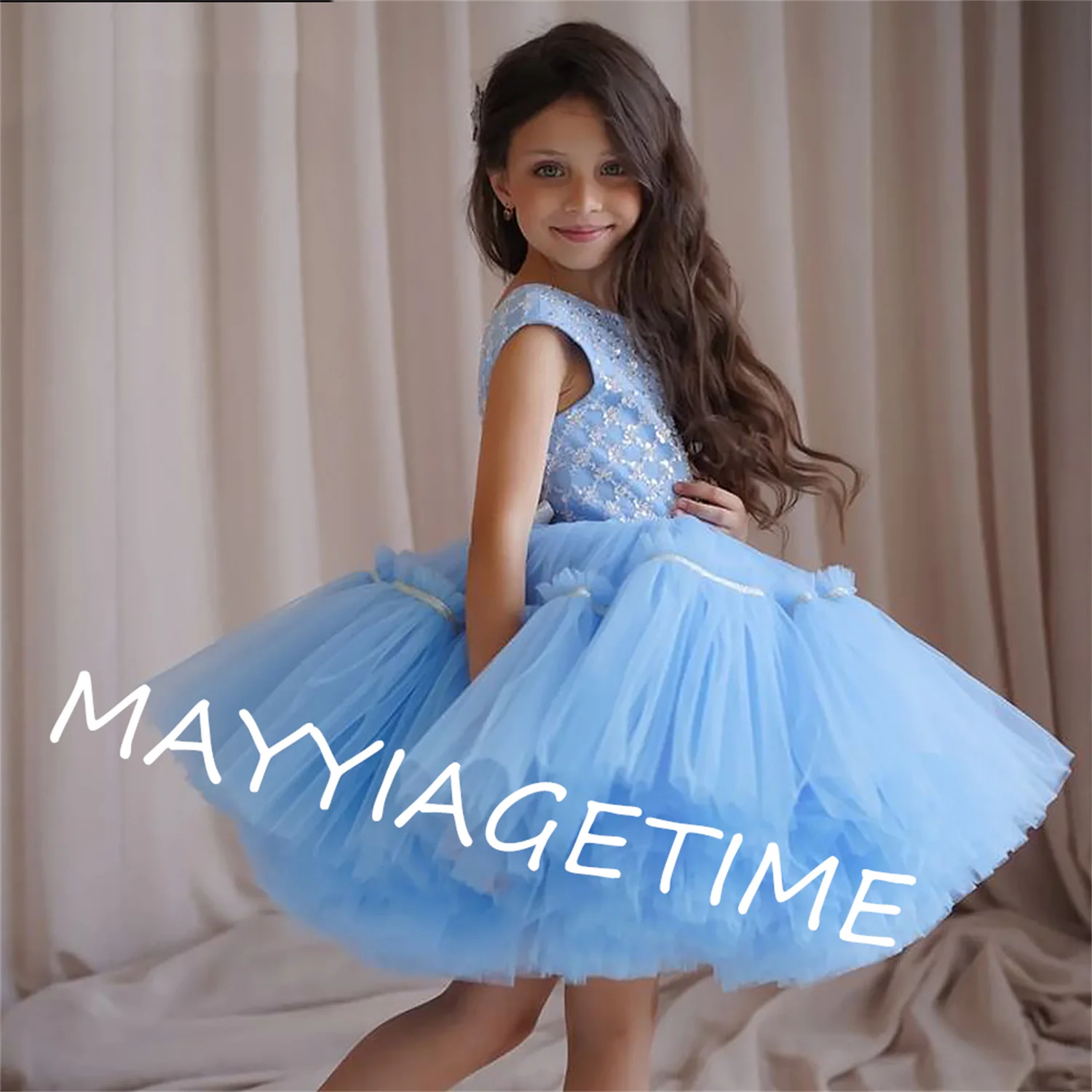 

Детские платья с цветами для девочек на свадьбу, синие блестки, женское платье принцессы, тюлевые пушистые вечерние платья без рукавов