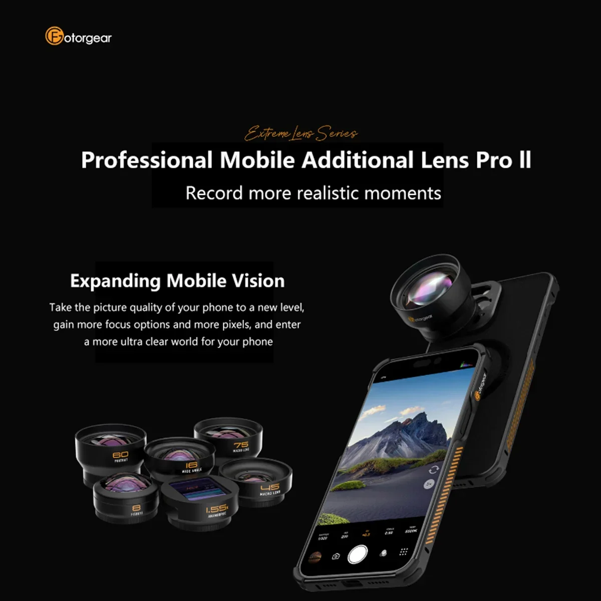 Фото Fotorgear Pro ll Т-образный объектив для телефона «рыбий глаз» макро широкоугольный портрет 1,55X анаморфическая линза для Xiaomi iPhone Huawei Samsung №2