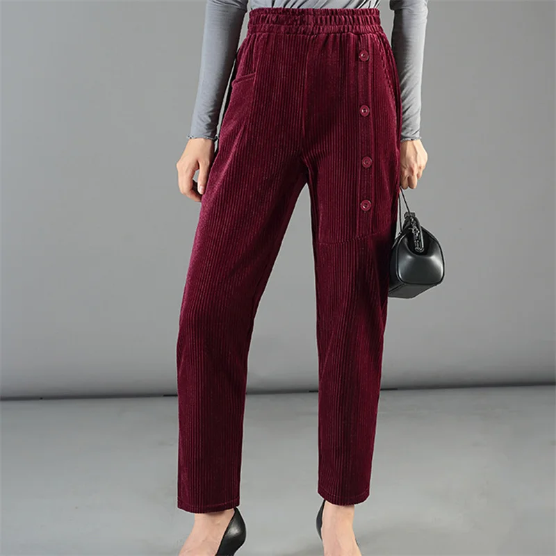 

Женские вельветовые брюки, зимние плотные теплые однотонные мешковатые шаровары с высокой талией, удобные универсальные брюки для мам