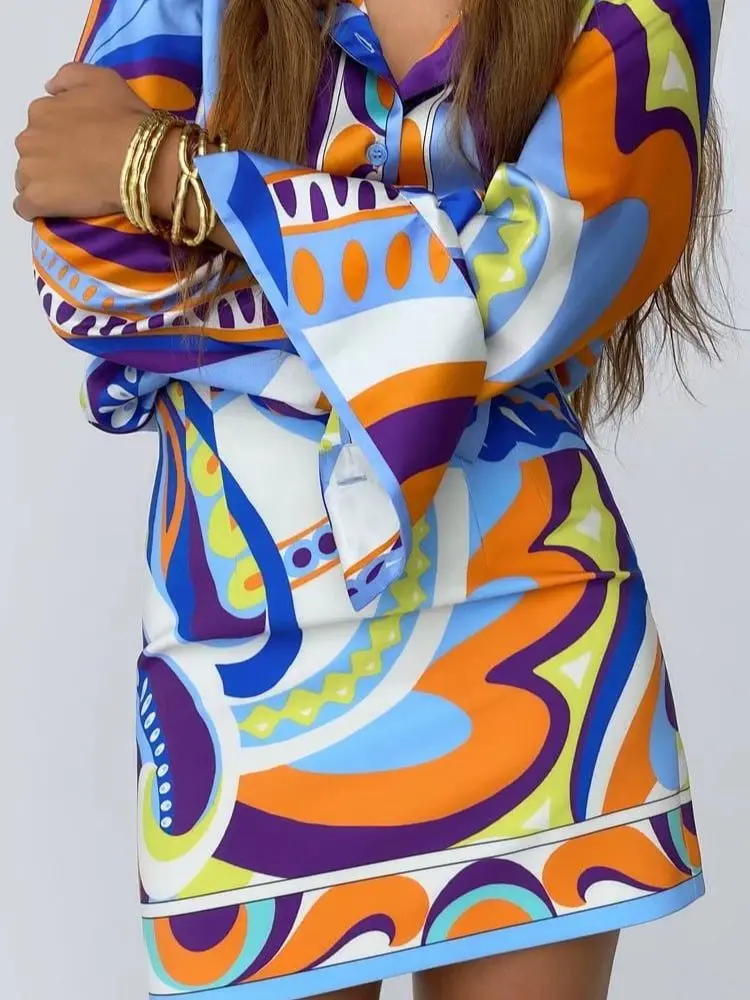 

Summer Women Blue Print Lapel Single Breasted Long Sleeve Shirt Top High Waist Pocket Design Skirt Suit Casual