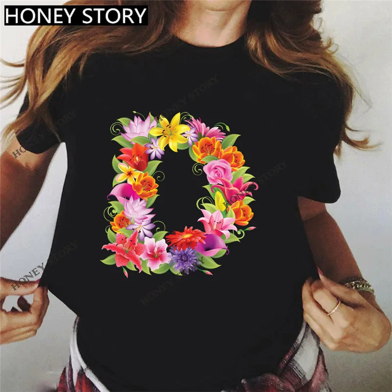 

26 Letters Flower Print Feather O-neck Short Sleeve T-shirt Women's 2022 Summer Loose Women's Oversized T-shirt Top Short Sleeve