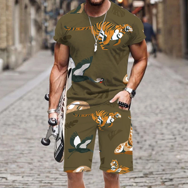 

Summer men's African grassland animals fashion set casual sportswear suit oversized short-sleeved T-shirt + shorts 2-piece