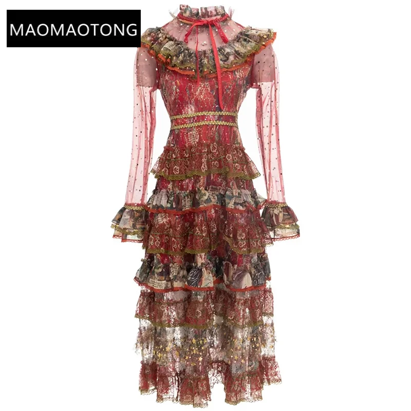 

Elegant Women's Dresses For Party 2022 Runway Autumn Luxury Stand Collar Flare Sleeve Sequined Ruffles Vintage Print Dresses