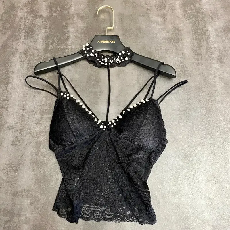 

Women Sexy Lace Camis Elegance Beading Halter Backless Corset Summer Hollow Out Embroidery Off Shoulder Tank Top Hot Sweet Tunic