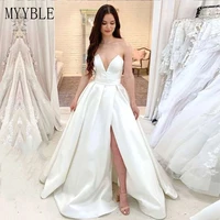 myyble plus size 2022 elegant wedding dresses boho v neck side split satin custom made long white ivory bridal gown