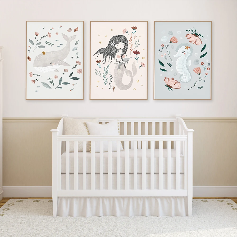 

Cartoon Mermaid Canvas Posters Nursery Wall Art Print Watercolor Animal Sea Horse Whale Painting Girls Baby Room Wall Art Decor