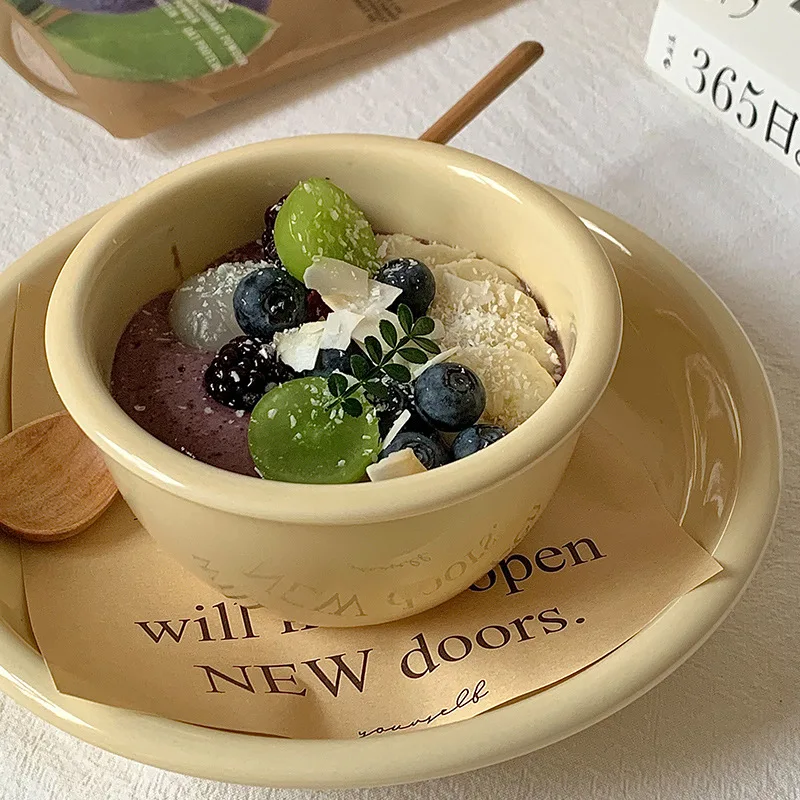 

2023 New Retro Solid Color Rice Bowl Home Dessert Plate Porcelain Fruit Salad Bowl Tableware Dinner Set Porcelain Tableware